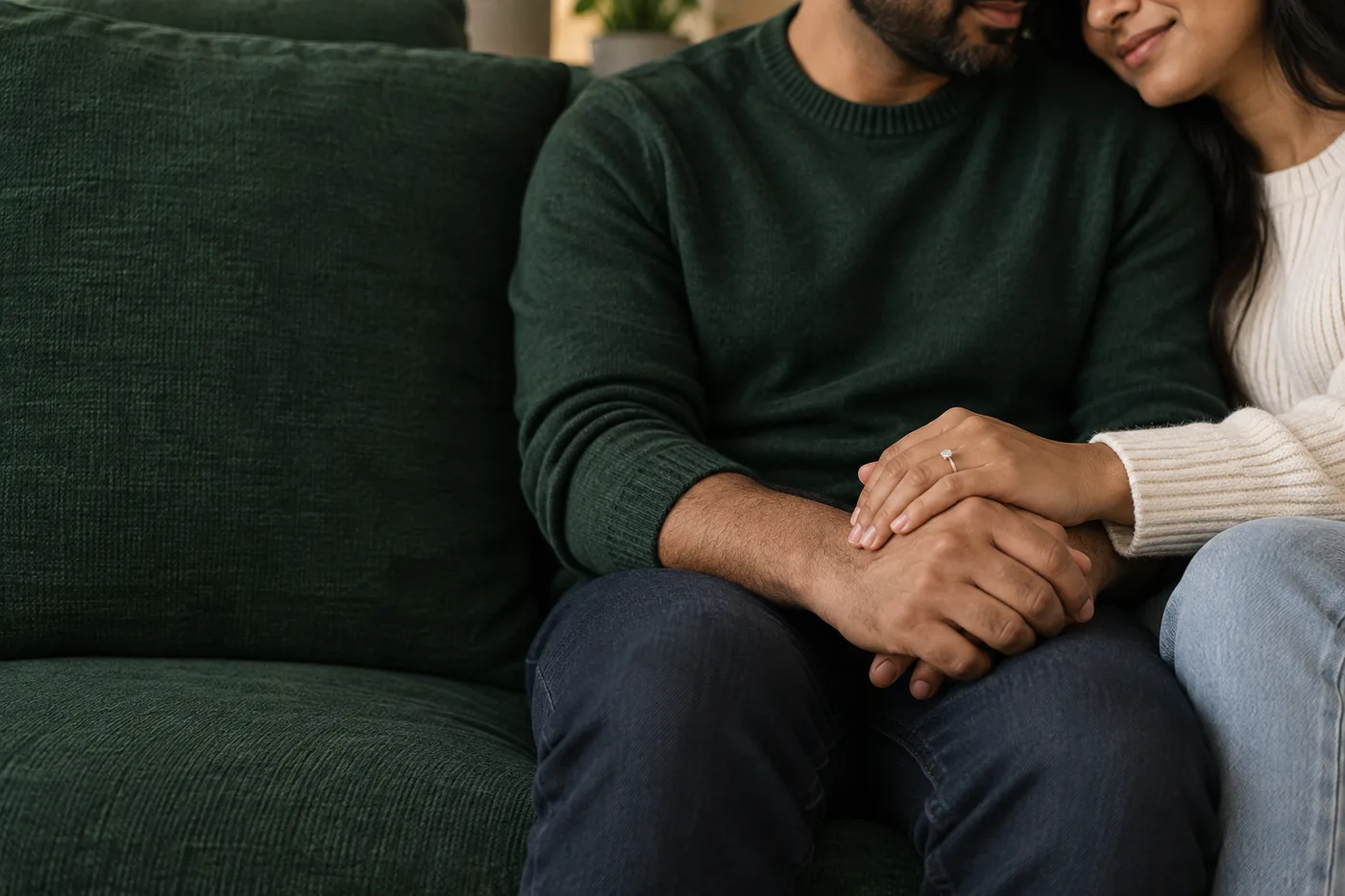 A couple holding hands while sitting together