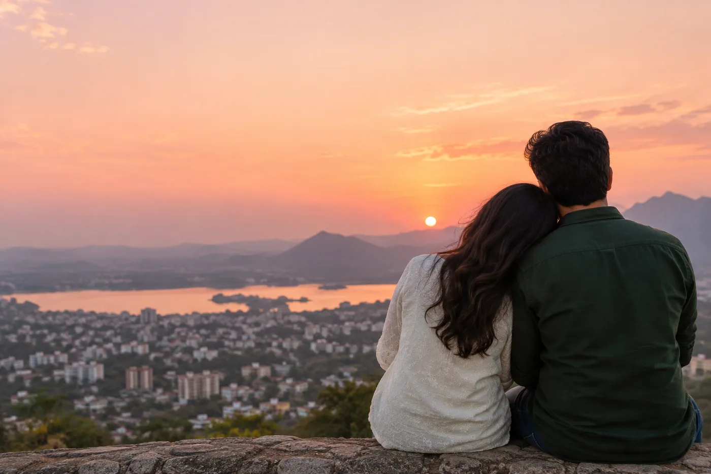 A couple enjoying a sunset over the city together